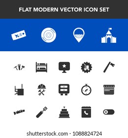 Modern, simple vector icon set with energy, turn, drawer, building, medieval, flight, helmet, deactivate, hostel, switch, wheel, work, screwdriver, package, castle, hammer, foreman, ticket, tire icons