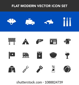 Modern, simple vector icon set with download, chat, menu, traditional, vehicle, mobile, transport, adventure, train, sign, road, street, car, weapon, phone, communication, national, handgun, web icons