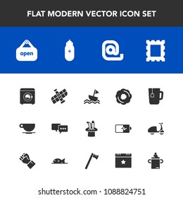 Modern, simple vector icon set with concept, cup, open, bubble, cafe, frame, shop, station, message, doughnut, housework, communication, mail, machine, dessert, speech, tea, nautical, border icons