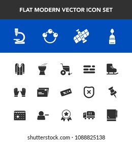 Modern, simple vector icon set with jacket, ticket, sweet, document, business, table, paper, musical, winter, airplane, fashion, ice, biology, wheelchair, layout, station, skating, microscope icons