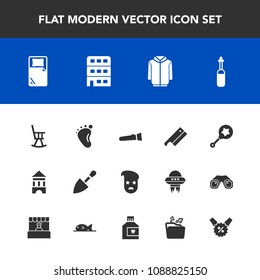 Modern, simple vector icon set with technology, sale, furniture, tower, price, house, child, architecture, medicine, flashlight, lamp, bed, hygiene, sign, chair, rattle, newborn, mouthwash, axe icons