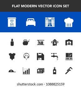 Modern, simple vector icon set with repair, cone, technology, christmas, home, sound, kitchen, bowling, clothes, interior, estate, car, ball, milk, computer, tool, kid, light, clothing, real icons
