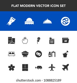 Modern, simple vector icon set with house, sign, oven, music, sunset, file, caffeine, bed, sun, cooking, blossom, mon, japanese, real, kitchen, beautiful, food, healthy, furniture, sunrise, chef icons