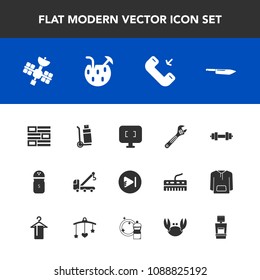 Modern, simple vector icon set with satellite, computer, equipment, salt, vehicle, call, media, newspaper, summer, cargo, technology, play, kitchen, music, news, spanner, spice, truck, car, tool icons