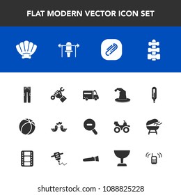 Modern, simple vector icon set with web, ball, fitness, equipment, soccer, builder, ringing, pigeon, clothing, sea, seashell, hat, construction, temperature, thermometer, medical, dove, love icons