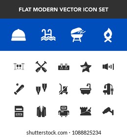 Modern, simple vector icon set with star, flame, laboratory, sign, sand, science, bonfire, pool, hat, scale, ball, camera, tower, sport, fireplace, summer, test, meat, water, bbq, boat, cooking icons