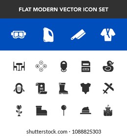 Modern, simple vector icon set with cutlery, play, snorkel, data, bathrobe, footwear, water, kitchen, can, office, child, sign, furniture, table, knife, boat, map, sand, technology, background icons