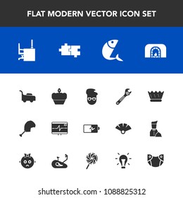 Modern, simple vector icon set with crown, business, cake, meat, battery, tool, fire, luxury, sweet, heart, christmas, office, queen, electricity, hipster, royal, equipment, pulse, garden, fish icons