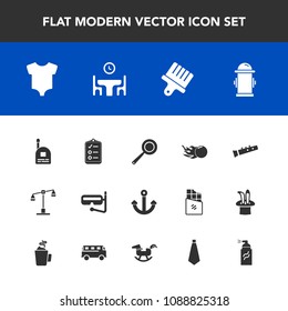 Modern, simple vector icon set with baby, check, musical, department, marine, justice, table, mark, food, judge, comet, sound, young, pan, summer, music, brush, utensil, paint, home, kitchen icons