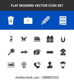 Modern, simple vector icon set with medical, vest, house, housework, kebab, architecture, city, pan, recycling, clothing, balloon, jacket, magnetic, delivery, spray, train, shipping, baby, duck icons