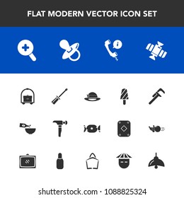 Modern, simple vector icon set with reparation, pacifier, dessert, repair, industrial, screwdriver, equipment, headset, dinner, drink, hotel, light, ice, child, tool, center, technology, fruit icons