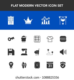 Modern, simple vector icon set with chart, key, cook, baby, real, sandwich, snack, trend, sewing, cheeseburger, burger, sweet, cream, computer, food, stove, clothing, machine, clothes, building icons