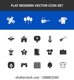 Modern, simple vector icon set with place, celebration, alien, thermometer, mobile, spaceship, chat, video, alcohol, tower, architecture, media, decoration, glass, paper, first, white, phone icons