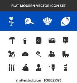 Modern, simple vector icon set with telephone, blossom, box, sea, message, brush, add, shell, report, ball, mailbox, health, hygiene, clean, document, seashell, kid, american, business, poker icons