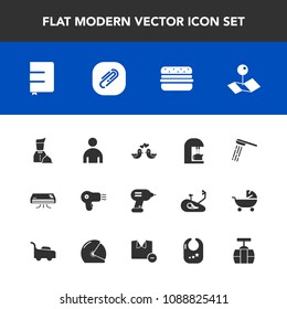 Modern, simple vector icon set with espresso, waiter, location, bathroom, clip, love, dryer, animal, water, paper, drink, hygiene, pin, pointer, male, paperclip, conditioner, train, book, shower icons