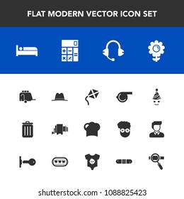 Modern, simple vector icon set with food, chef, kite, hat, fun, calculator, garbage, transportation, spring, van, transport, trash, nature, object, recycling, clown, bin, party, blossom, speaker icons
