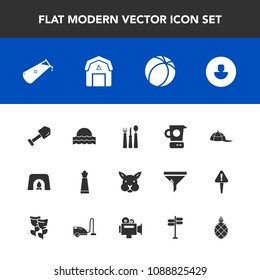 Modern, simple vector icon set with fire, football, food, game, shovel, equipment, nature, home, kitchen, fireplace, science, profile, cooking, fashion, business, strategy, soccer, restaurant icons