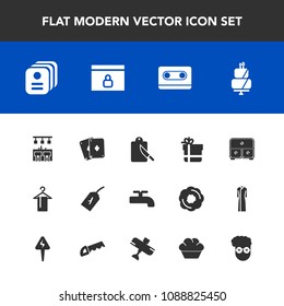 Modern, simple vector icon set with tag, sweet, fashion, bar, play, dessert, tape, cake, cassette, music, id, lock, hipster, audio, sign, cutlery, web, internet, game, kitchen, hanger, style icons