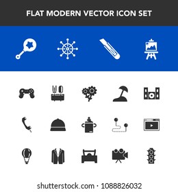 Modern, simple vector icon set with spring, traffic, dinner, floral, rattle, child, spoon, nature, light, hat, milk, baby, ship, bottle, home, island, beach, blossom, wheel, food, helm, nautical icons