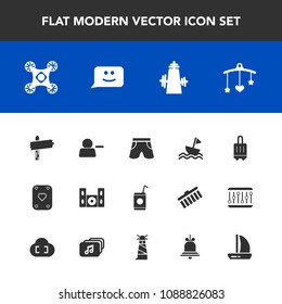 Modern, simple vector icon set with fashion, sail, luggage, game, home, glass, cold, arrow, pictogram, object, travel, business, cinema, sailboat, white, way, wear, chat, baby, poker, kitchen icons