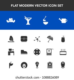 Modern, simple vector icon set with work, percussion, money, atom, wind, clothing, can, poker, chemistry, ocean, parasol, hat, food, drink, sport, gardening, office, casino, glass, technology icons