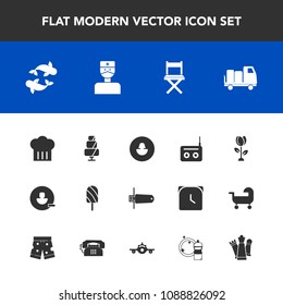 Modern, simple vector icon set with restaurant, fish, card, medical, equipment, flower, seafood, user, radio, cake, seat, profile, food, account, chief, ice, doughnut, business, dessert, truck icons
