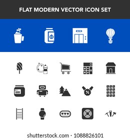 Modern, simple vector icon set with fruit, robot, equipment, calculator, android, tree, technology, elevator, parachute, drink, sky, summer, cyborg, cup, finance, lift, jar, dessert, extreme icons