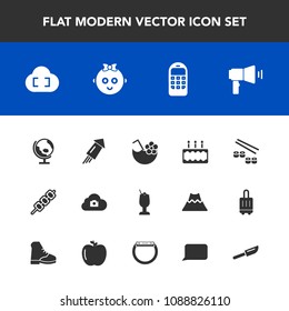 Modern, simple vector icon set with cake, globe, food, fish, communication, photo, cocktail, cloud, dessert, mobile, child, meat, kebab, juice, festival, event, world, baby, summer, japan, map icons