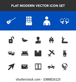 Modern, simple vector icon set with globe, rocket, music, security, game, space, person, animal, bedroom, bird, wildlife, technology, dessert, fashion, male, chocolate, sport, clothing, fitness icons