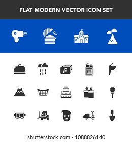 Modern, simple vector icon set with sky, dessert, water, hairdryer, city, food, modern, white, blue, basket, sweet, tap, lava, restaurant, cooking, cake, architecture, shovel, music, pie, faucet icons