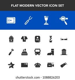 Modern, simple vector icon set with room, achievement, award, sign, doughnut, cake, bank, laptop, home, dinner, fork, green, spoon, dessert, transportation, restaurant, identity, chemistry, pot icons