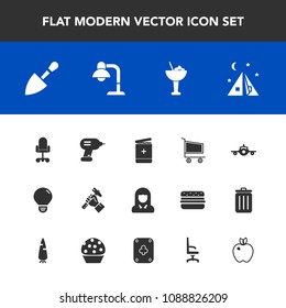 Modern, Simple Vector Icon Set With Departure, Chair, Adventure, Medicine, Camp, Cart, Flight, Drink, Lady, Business, Energy, Airplane, Home, Travel, Bulb, Helmet, Industry, Construction, Woman Icons