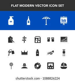 Modern, simple vector icon set with bottle, annual, car, king, clean, wagasa, summer, beach, report, cutlery, vehicle, flip, auto, key, perfume, document, umbrella, fashion, japan, business, way icons