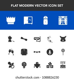 Modern, simple vector icon set with royal, wine, drink, bunny, animal, flag, water, jacket, seasoning, alcohol, celebration, window, clothing, tea, hot, holiday, crown, home, light, snorkel, sea icons