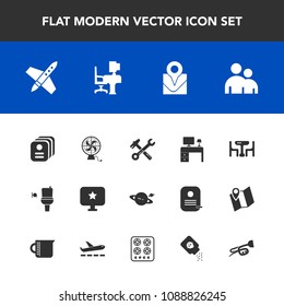 Modern, simple vector icon set with health, work, man, space, location, astronomy, business, home, public, sound, id, card, food, toilet, bathroom, spanner, equipment, trumpet, people, hammer icons