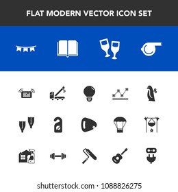 Modern, simple vector icon set with guitar, tow, referee, label, vehicle, musical, glass, chart, whistle, holiday, flag, drink, hotel, accident, light, celebration, data, bulb, happy, privacy icons
