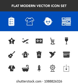 Modern, simple vector icon set with cute, list, first, plane, flight, chair, check, achievement, winner, red, guitar, musical, childhood, glass, office, departure, clothes, wine, travel, news icons