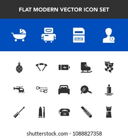 Modern, simple vector icon set with account, exotic, human, power, vehicle, full, tropical, add, jump, parachuting, battery, document, baby, pram, electricity, fresh, nature, sport, fruit, sky icons