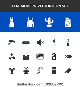 Modern, simple vector icon set with plant, dessert, laboratory, container, picture, drink, dress, sign, image, ice, pin, map, pack, photo, fashion, desert, equipment, security, fruit, apple, box icons