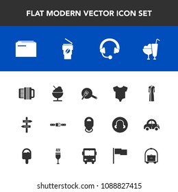 Modern, simple vector icon set with bus, food, sign, music, information, coffee, cup, map, way, equipment, document, audio, file, location, clothes, sweet, business, fashion, icecream, cooking icons