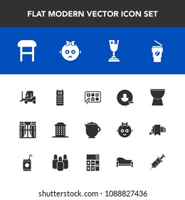 Modern, simple vector icon set with clinic, sign, award, user, car, cute, cup, calendar, avatar, delivery, house, interior, musical, kid, home, curtain, breakfast, sad, percussion, music, truck icons