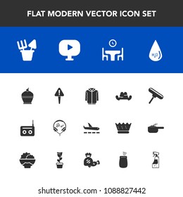 Modern, simple vector icon set with roller, bottle, home, spray, jacket, sweet, table, white, radio, pie, clothing, percussion, travel, water, cake, food, mark, danger, plastic, plane, brush icons