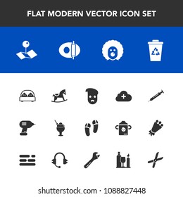 Modern, simple vector icon set with map, slipper, bedroom, ice, internet, hipster, sweet, horse, toy, footwear, waste, pan, kitchen, cute, add, recycle, pointer, needle, child, location, drill icons
