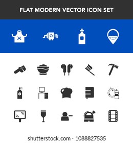 Modern, simple vector icon set with job, sign, brush, clean, paint, equipment, care, music, spanner, hammer, bottle, tool, beverage, desk, drink, cheese, restaurant, delete, business, liquid icons