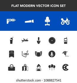 Modern, simple vector icon set with office, disc, telephone, mask, technology, sport, baby, shovel, dvd, scuba, bedroom, furniture, bed, flashlight, war, work, extreme, cell, dirt, cup, light icons