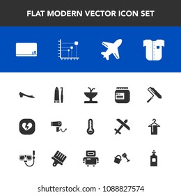 Modern, simple vector icon set with dryer, travel, jar, tool, jam, dental, toothpaste, hairdryer, blank, footwear, temperature, paint, toothbrush, water, white, flight, care, roller, blackboard icons