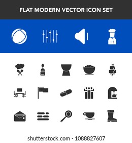 Modern, simple vector icon set with medicine, work, flag, food, cup, ball, chief, cooking, pan, white, audio, musical, dessert, cafe, sound, doughnut, utensil, empty, bowl, volume, equality, up icons