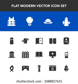 Modern, simple vector icon set with chat, home, literature, architecture, phone, bulb, library, salt, education, city, oxygen, safety, object, timetable, textbook, light, idea, equipment, pepper icons
