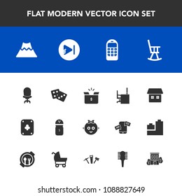 Modern, simple vector icon set with video, crater, desk, kid, landscape, business, gambling, pepper, success, comfortable, box, armchair, baby, salt, media, telephone, spice, phone, mountain icons