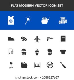 Modern, simple vector icon set with magic, house, food, technology, care, business, real, kitchen, clean, shower, wand, science, travel, estate, war, fashion, building, plane, basketball, bath icons